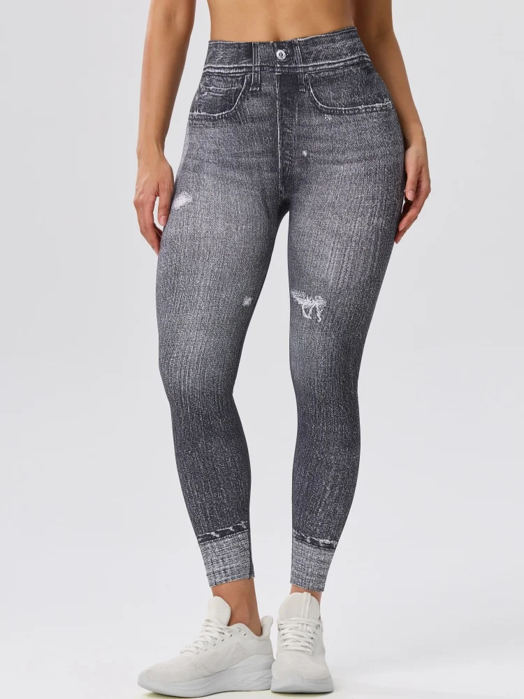 Autumn Women Yoga Outdoor Sports Running Imitation Jeans Long Leggings High Strength Pants Breathable Elastic Gym Fitness Pants