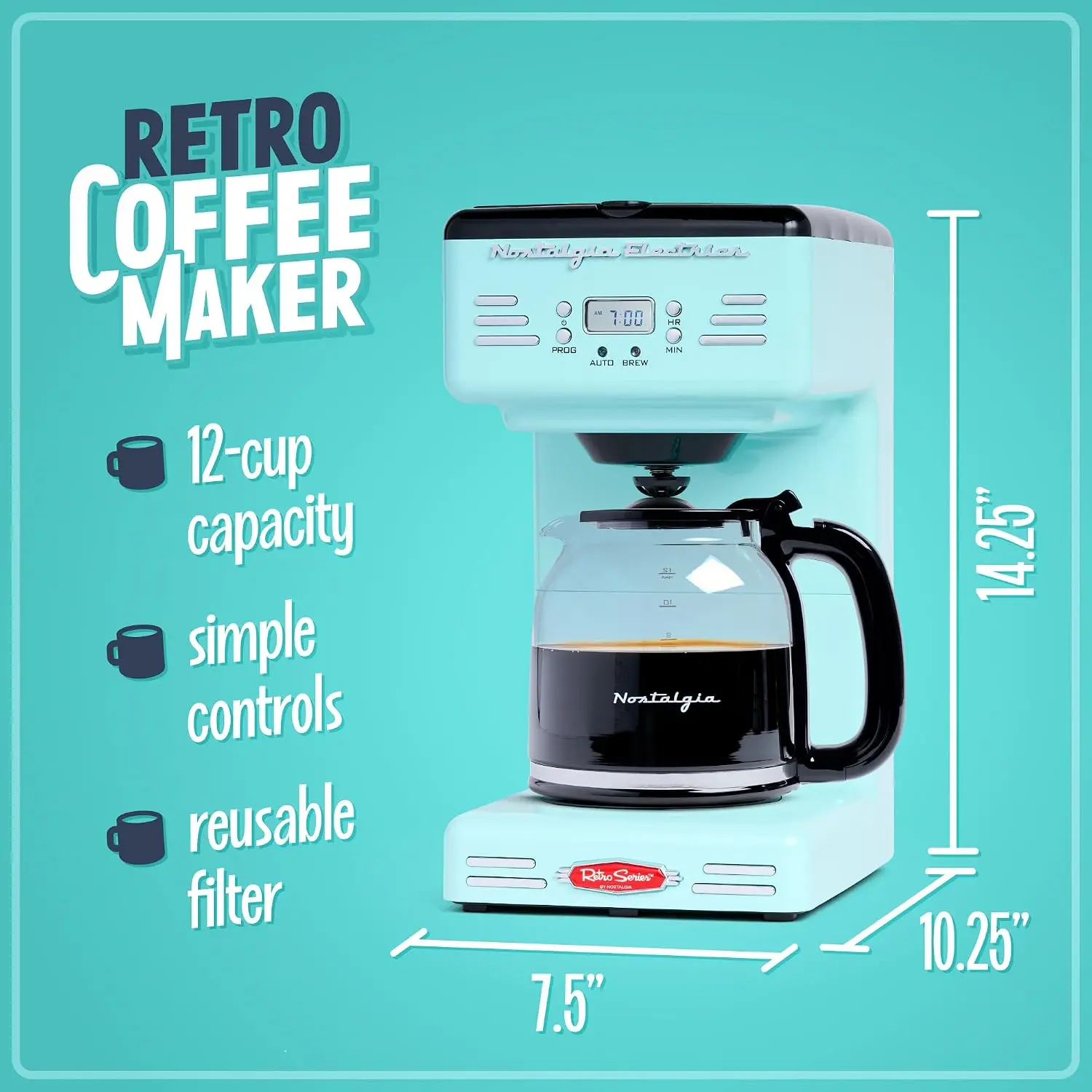 Retro 12-Cup Programmable Coffee Maker With LED Display, Automatic Shut-Off & Keep Warm, Pause-And-Serve Function, Aqua