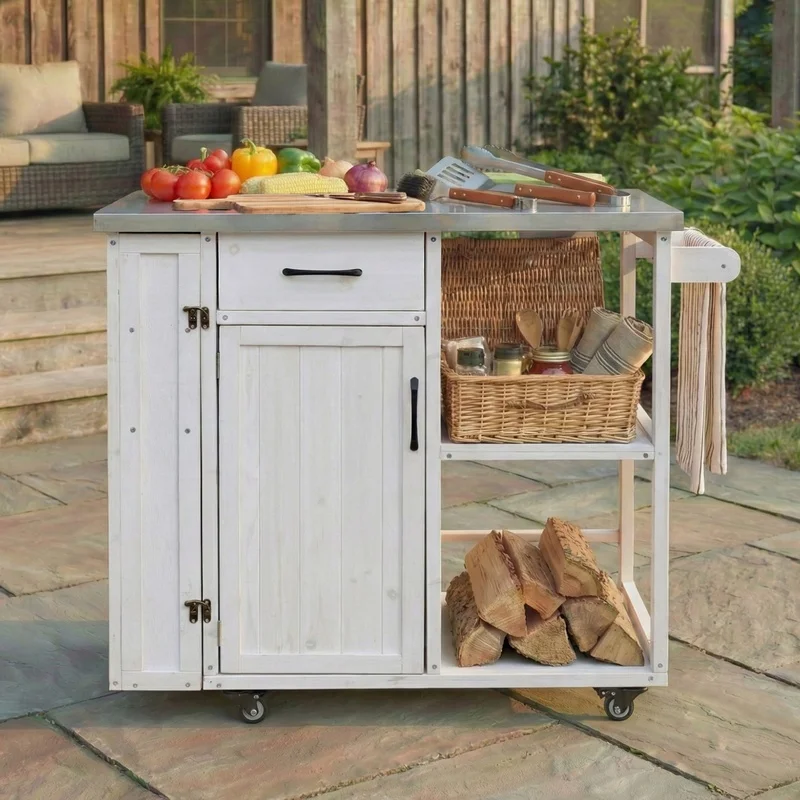 

Outdoor Kitchen Island with Stainless Steel Top, Lockable Storage, Towel & Spice Racks, White, for Patio
