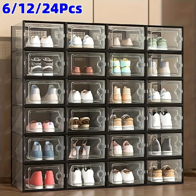 6/12/24pcs Transparent Shoe Boxes Stackable Shoe Cases Storage Plastic Shoes Box Dustproof Sneaker Boxes Shoes Furniture Organiz