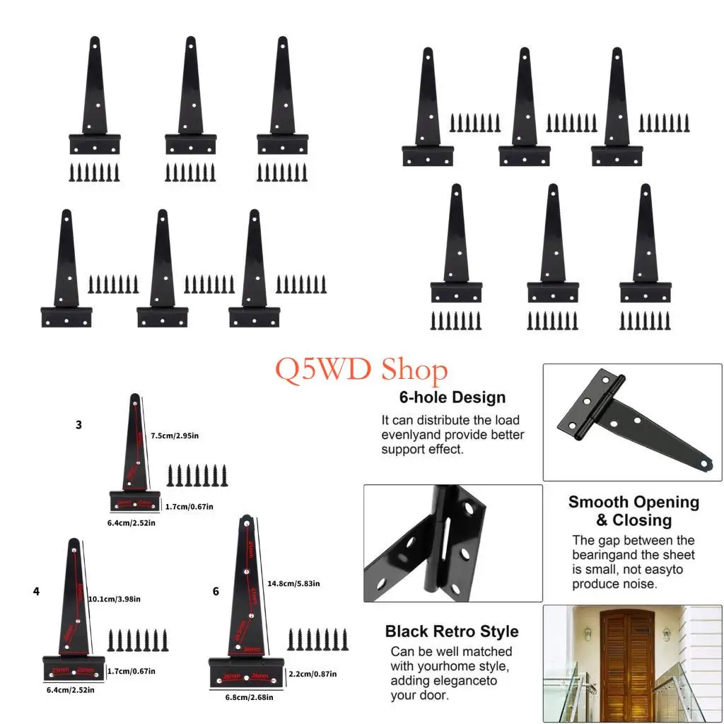 

Q5WD Heavy Type T Type Door Hinges with Mounting Screws Universals Iron Plated for Wooden Gate Sheds Barns