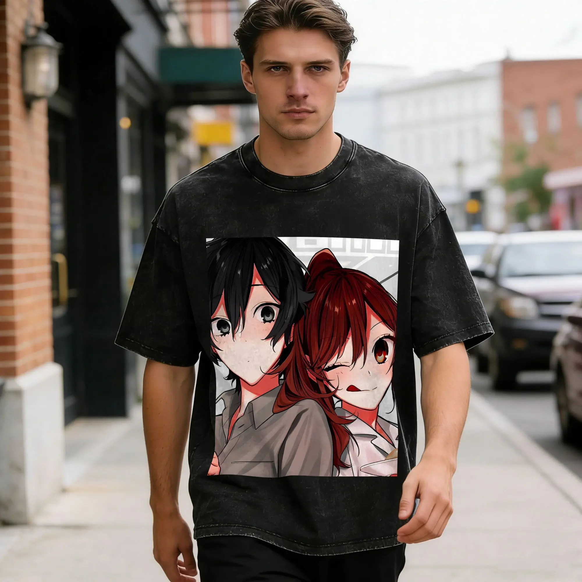 Man T-Shirt Comic H-Horimiya Washed T-Shirts Harajuku  Summer Tees Y2K Fun Print Cotton Tops Plus Size 2XL