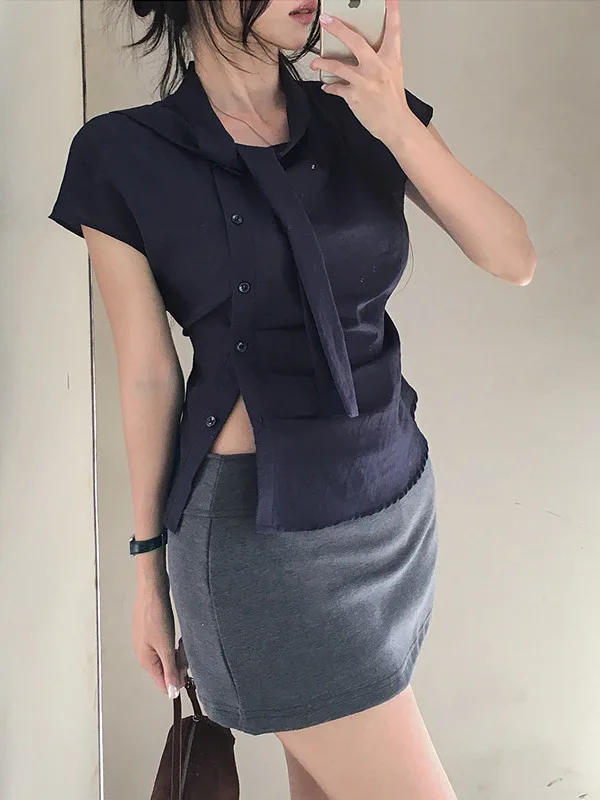 Korean Style Irregular Short Sleeve Shirt Women's Fashion Luxury Sense Shirt Petite Super Good Looking Top Women's Clothing