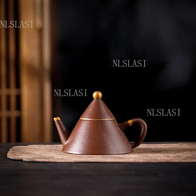 Yixing Zisha Clay Teapot Unique Pyramid Shape Purple Sand Teapot Gold‑trim Detail Vintage Kung Fu Tea Pot For Home Tea Ceremony
