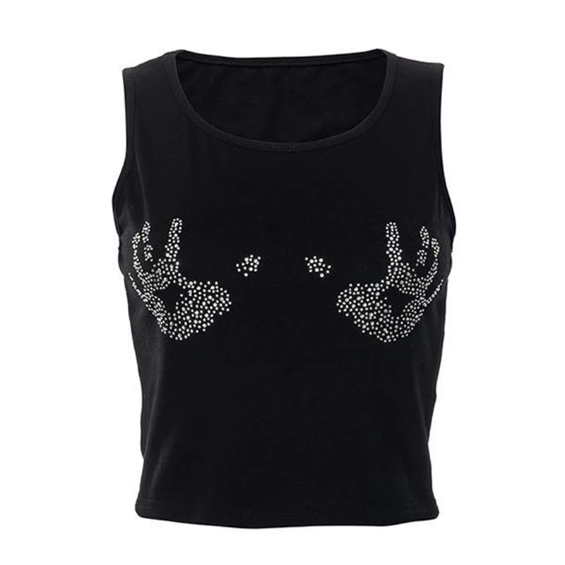 Y2K Rhinestone Hand Print Crop Top Women Summer Sleeveless Baby Tee Vintage Grunge Slim T-shirt 90s Aesthetic Gothic Tights Vest