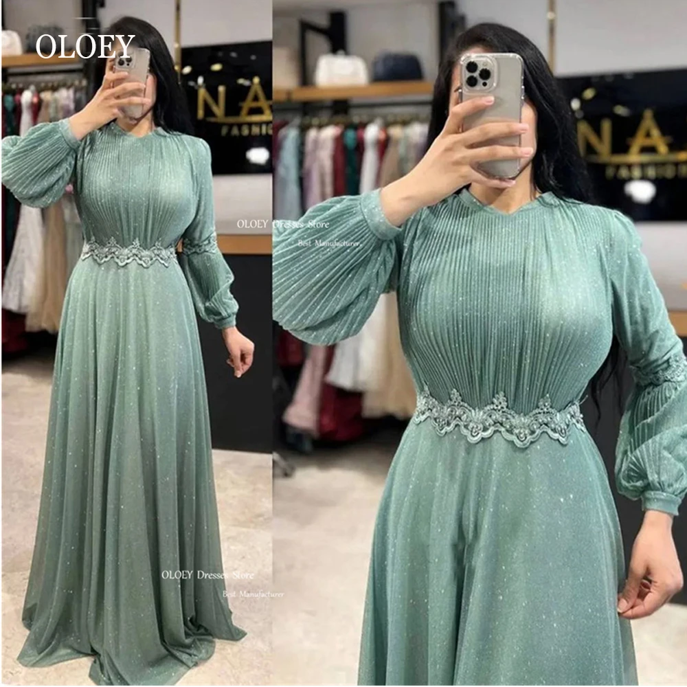 

OLOEY Pale Green Small V Neck Modest Evening Dresses Long Sleeves Applique Belt Saudi Arabic Women Prom Gowns Formal Wear