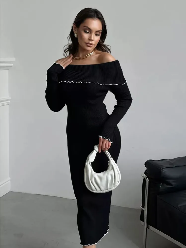 

TARUXY Fall Winter Sexy One-Shoulder Long Knit Dress Slim Elegant Fungus Splice Contrast Color Sweater Female Club Party Dresses