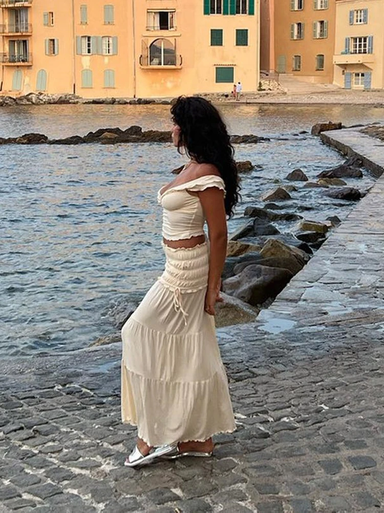 Ruched Tiered Skirt 2-piece Set Women Chic Solid Knot Front Off Shoulder Sexy Tank Top Suit Lady 2026 Spring Summer Outfits