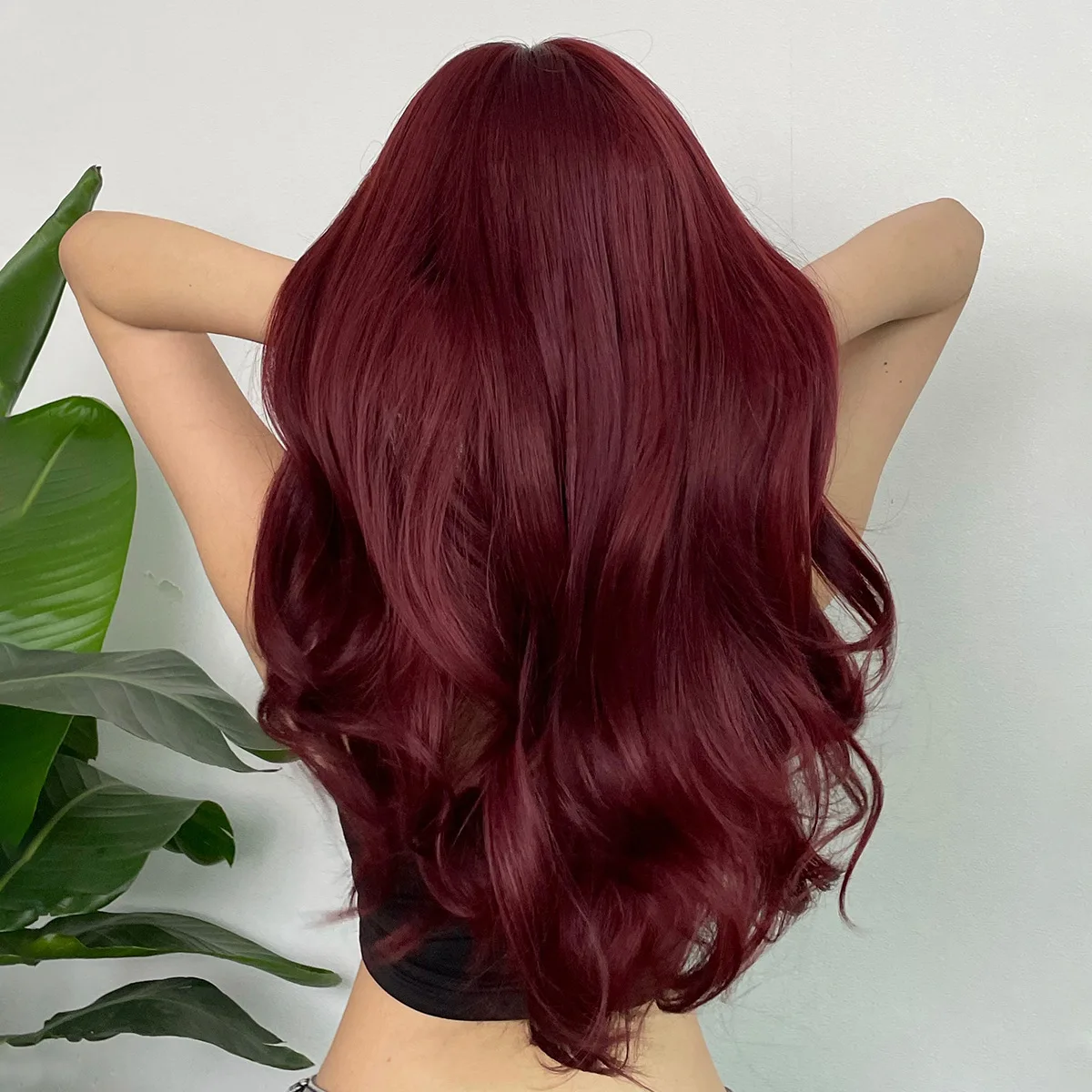 New Wine Red Synthetic Wig with Bangs Big Waves Long Curly Hair Daily Holiday Wig High Temperature Silk Full Head Cover