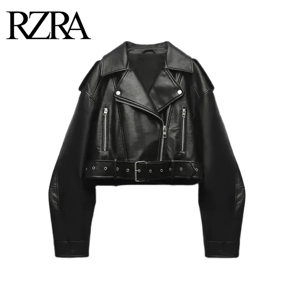 

RZRA New Coal graysty le Women's washed leather jacket with belt, short coat with downgraded zipper and vintage lapel jacket