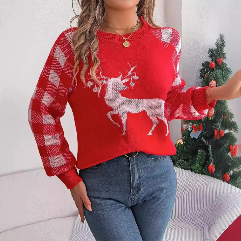 Loose Round Neck Pullover Knitted Sweater For Women  2024 Autumn Winter Casual Plaid Reindeer Long Sleeved Sweater Christmas Top