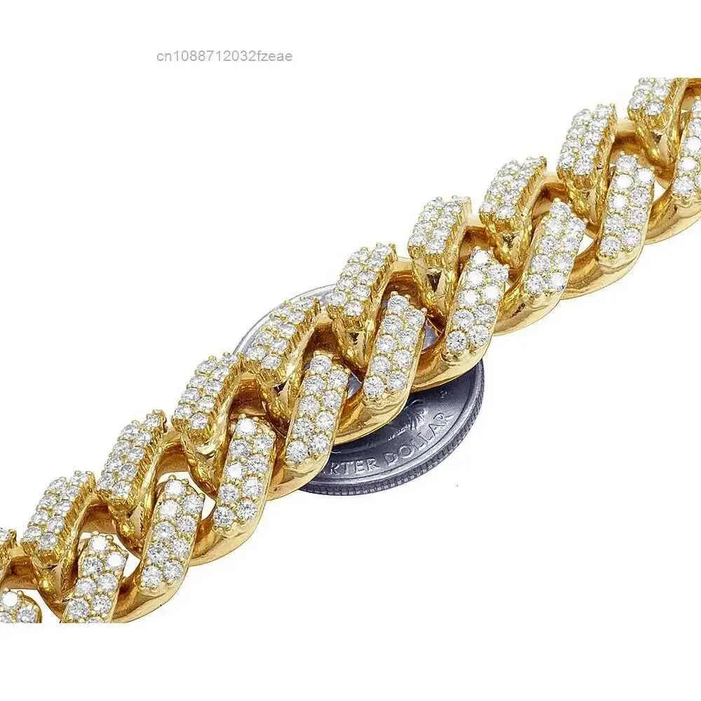 Luxury Iced Out Jewelry 15mm Prong Set Layered Moissanite Diamond Silver Cuban Chain.