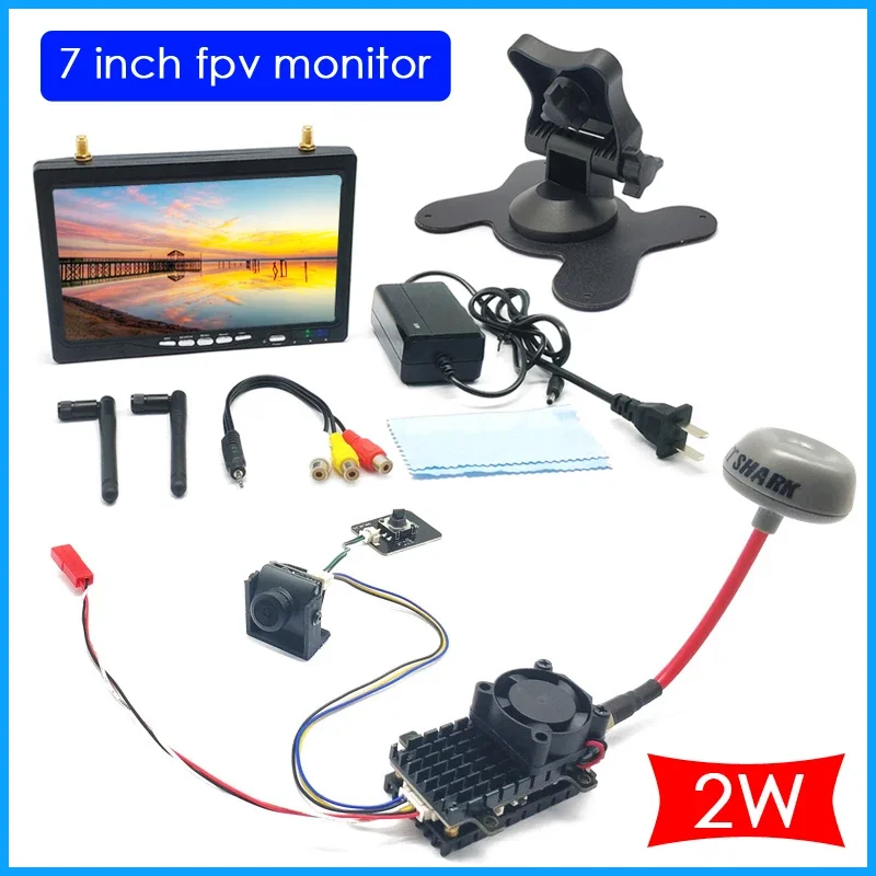 5.8G 40CH 7 inch HD IPS 1024*600px monitor with 5.8Ghz 48CH 2W FPV Wireless Transmitter 2000MW and FPV mini camera CMOS 1200TVL