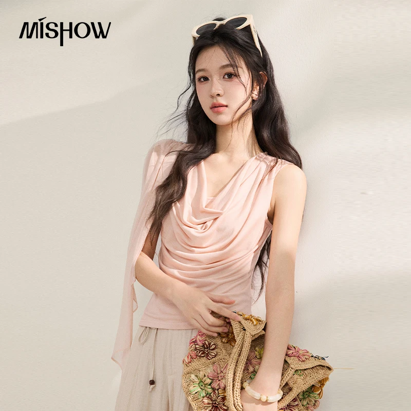 MISHOW Women Draped Cowl Neck Lyocell Knit T-shirt Asymmetrical Chiffon Sash Ruched Tee Casual Slim Fit Summer Tops MXF22T1594