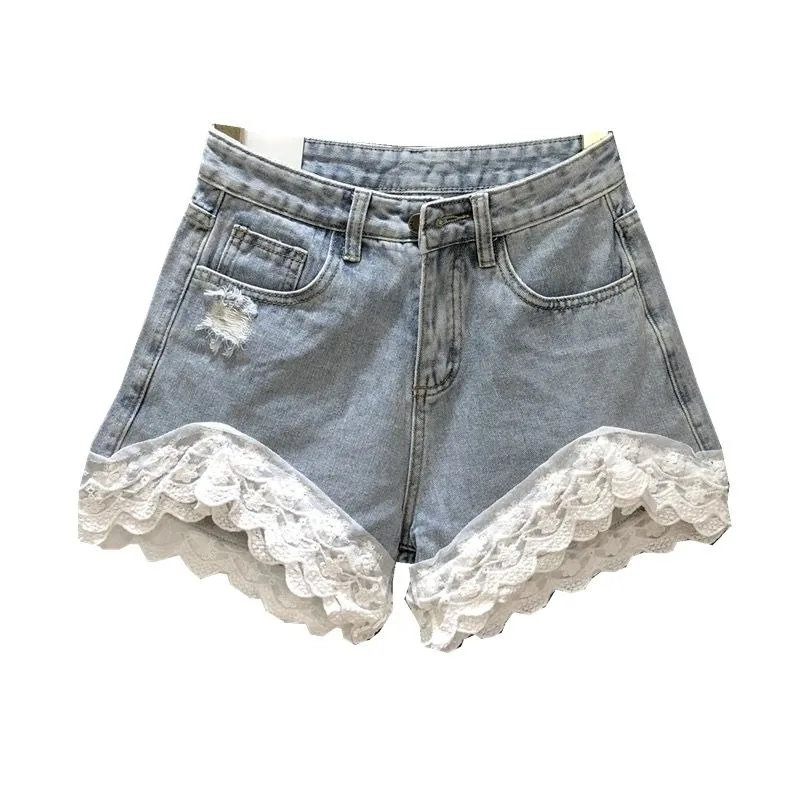 Retro Summer New Splicing Lace Wide Legs Ripped Denim Shorts Hot Pants