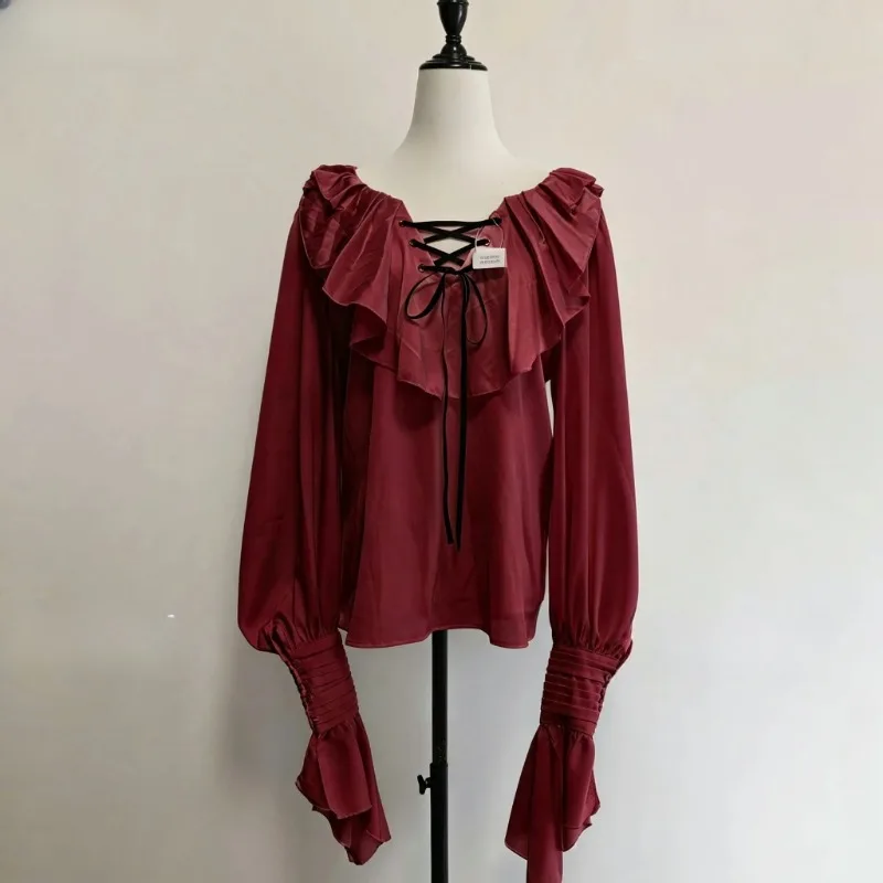 

Gothic Subculture Ruffle V Neck Flared Sleeve Medieval Court Halter Loose Lolita Shirt Y2k Top High Waist Black Pants Sets Women