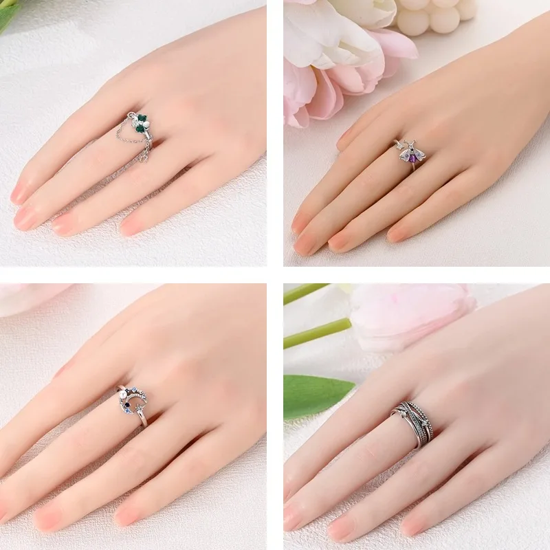 Women's Blue Star Clover Adjustable Ring, 925 Sterling Silver
