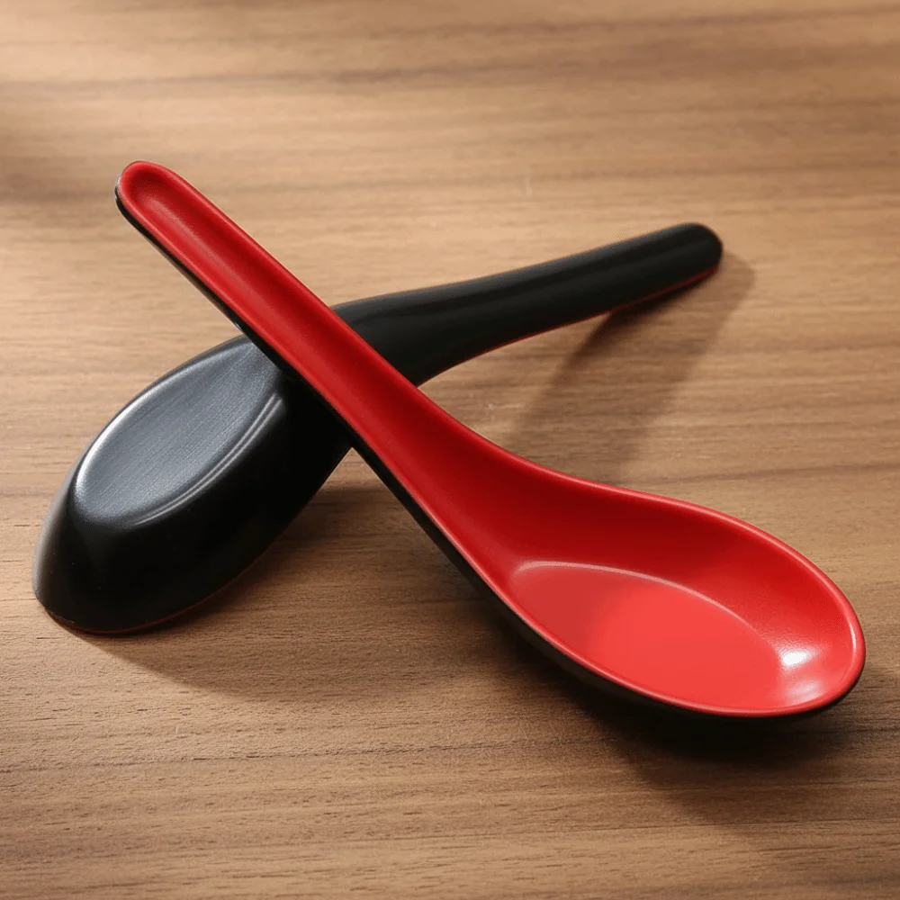 2pcs Japanese Style Melamine Red Black Soup Spoon Long Handle Simulated Ceramic Ramen Spoon Drop-resistant Heat-resistant