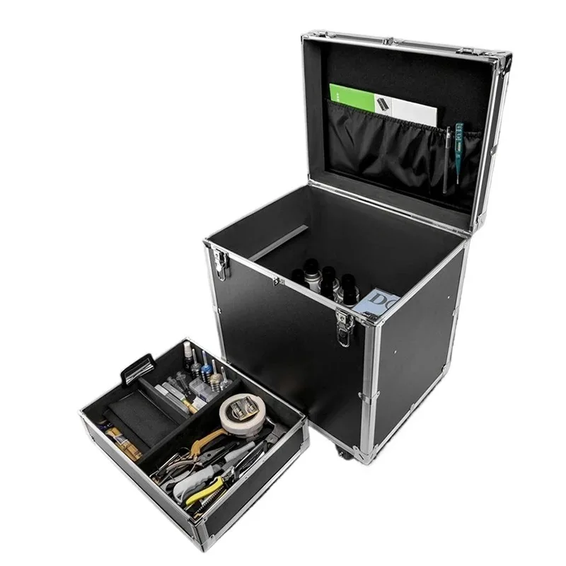 Aluminum alloy multi-layer pull rod toolbox with wheels, multifunctional portable safety hard shell box storage box