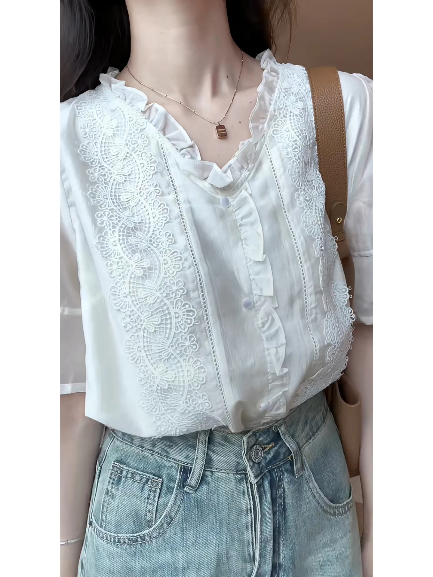 

Летняя женская блузка с вырезами, V-образным вырезом, свободного кроя, из белого шифона, с люверсами, во французском стиле, дышащая