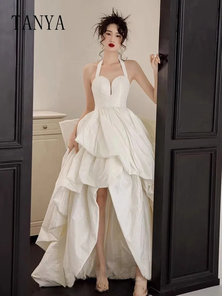 Vestido de novia Alto y Bajo con cola de lazo desmontable, romántico, sin mangas, cuello Halter, tafetán, vestidos de baile de novia