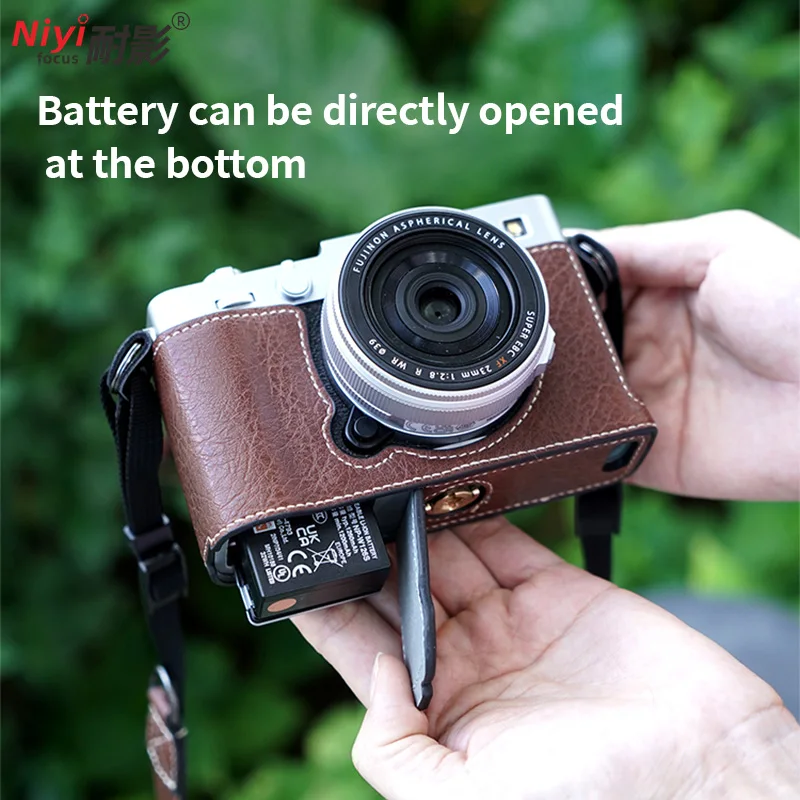 XE-5 PU Leather Half Camera Case Retro Lychee Pattern Base for Fujifilm XE5 Mirrorless Camera Protective Shell Shoulder Strap