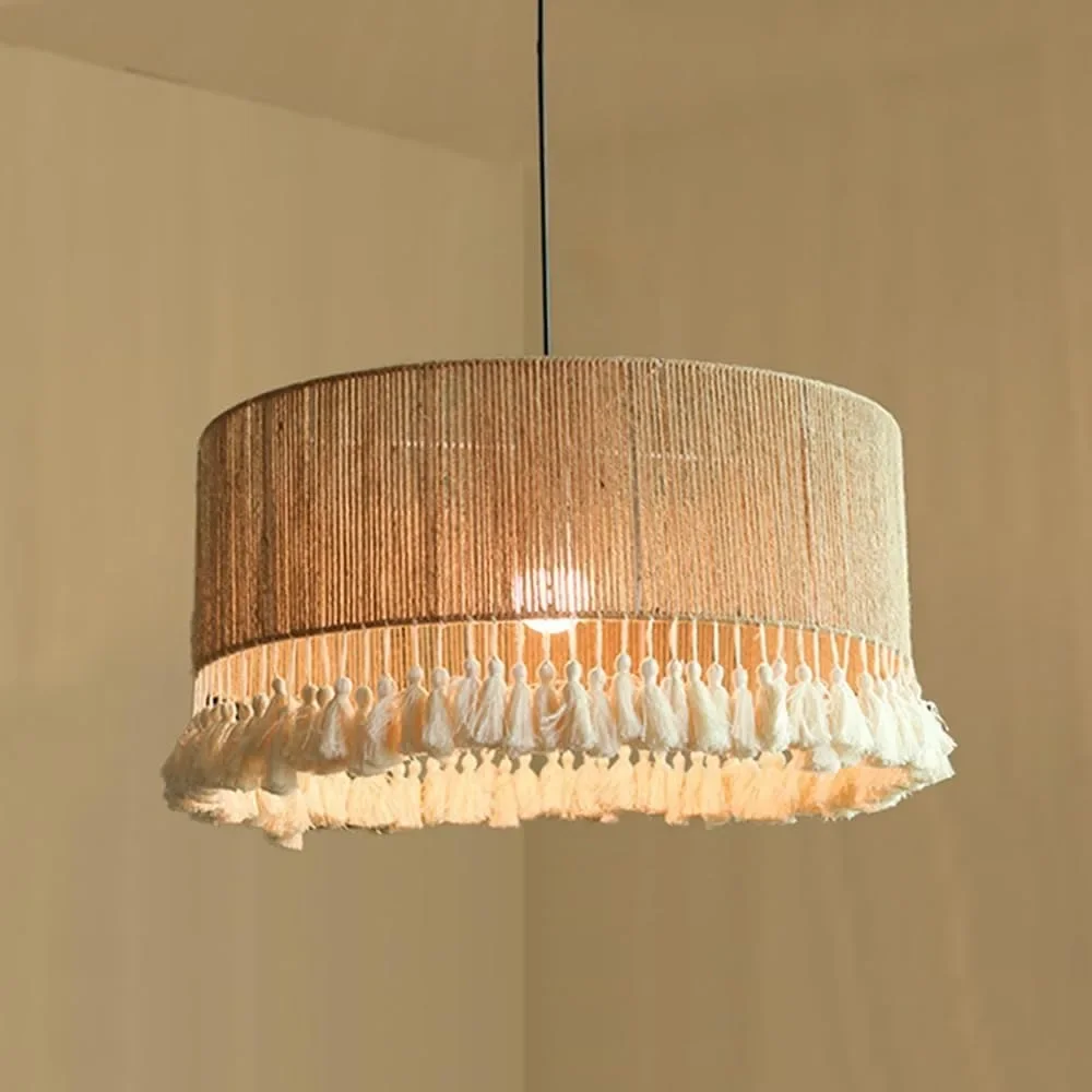 JOYINLED 50cm Pendant Lights Retro Hemp Rope Cotton Fringes E27 Ceiling Hanging Lamp Wabi-sabi Style Semi-Flush Mount Chandelier