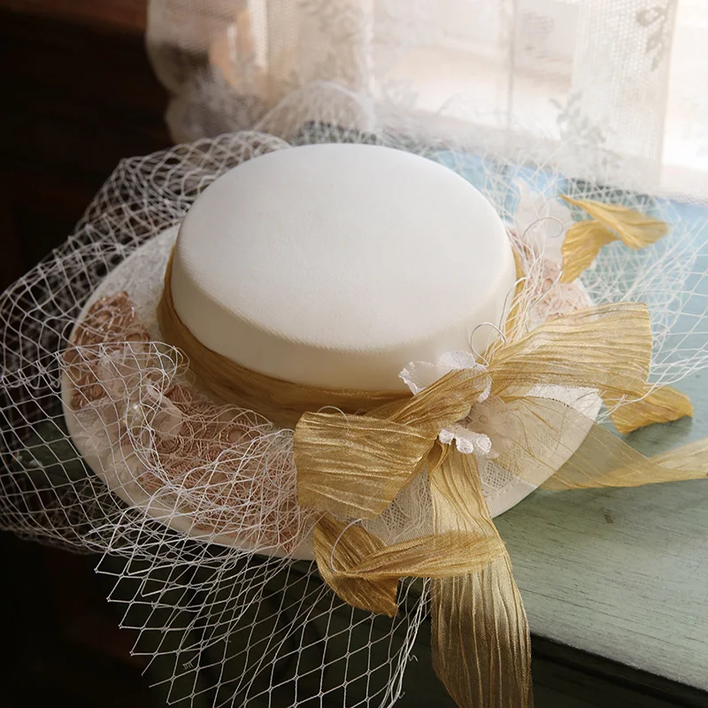 

Big Ribbon Bow Veil Wedding Hat For Women French Fairy Lace Flower Fascinator Fedora Hat Ladies Party Photo Shooting Headdress