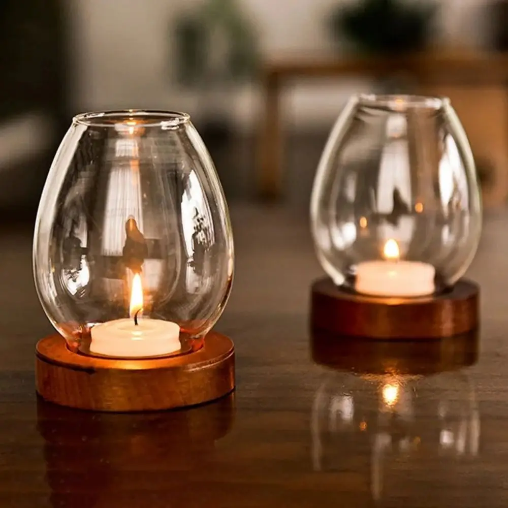 Transparent Glass Candlesticks Hollow Windproof Candle Holder Round with Wood Base Candle Cup Cover Dining Table Decoration