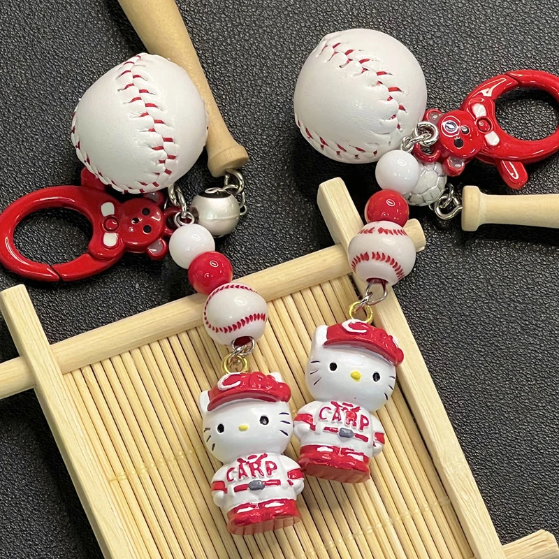 Cartoon Charms Baseball Bat Gloves Hello Kitty Keychain Kawaii Strawberry Hello Kitty Sports Keychain Bag Pendant Phone Keychain