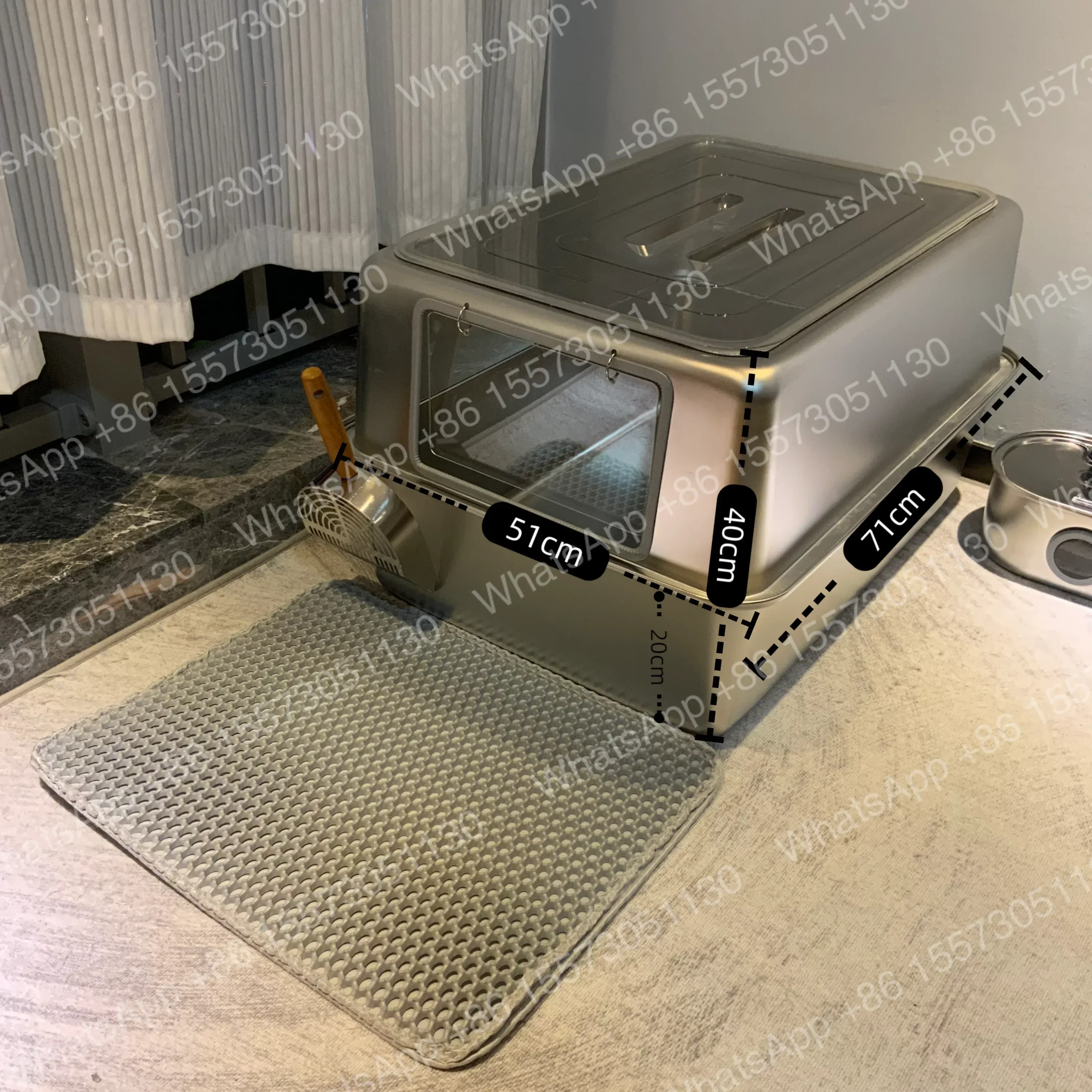 Stainless Steel Cat Litter Box & Jumbo Anti-Splash Toilet, Large Space Ventilated Cat Pan with Open Semi-Enclosed Design