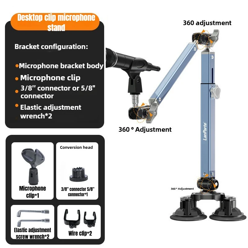 Lanparte Mic Boom Arm Desk Mount, Microfoonstandaard Arm Profiel 360 ° Draaibare, verstelbare microfoonarm met afneembare verhogingskolom