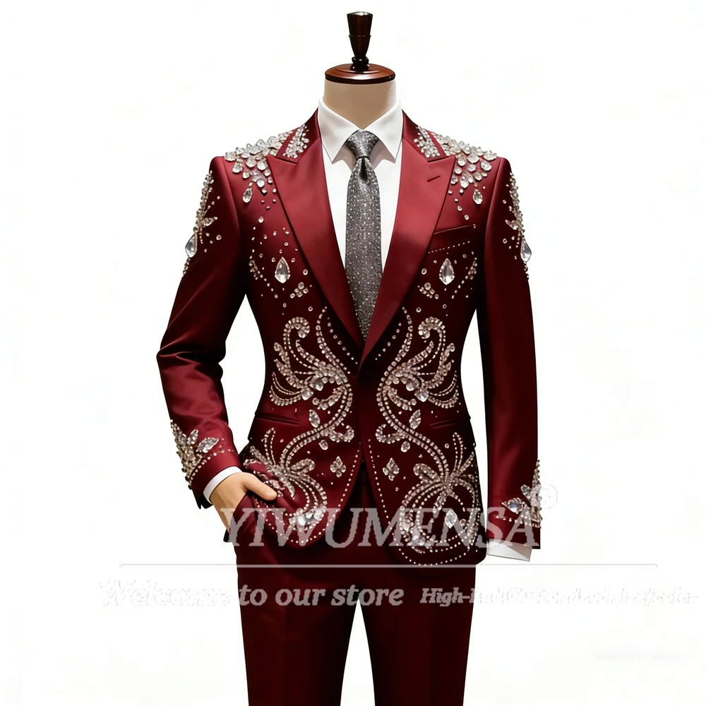 

Роскошные ювелирные изделия, мужской костюм, комплект из 2 предметов, однобортный свадебный смокинг для жениха с кристаллами, 2026, блейзер на заказ, брюки, Ropa Hombre