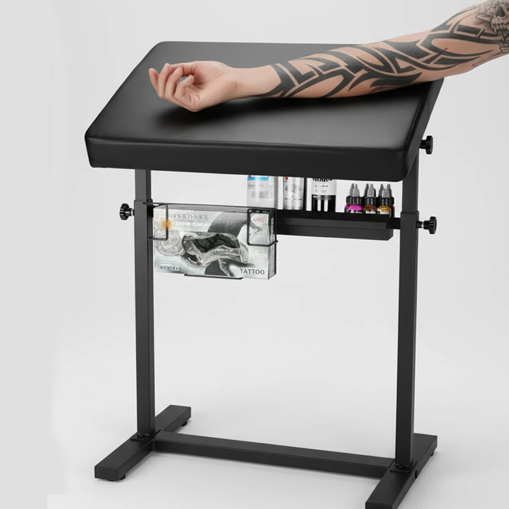 Tattoo Arm Rest Stand Height Adjustable Large Armrest Tattoo with Rack Storage Compartment PU Leather Soft Sponge Pad Armrest