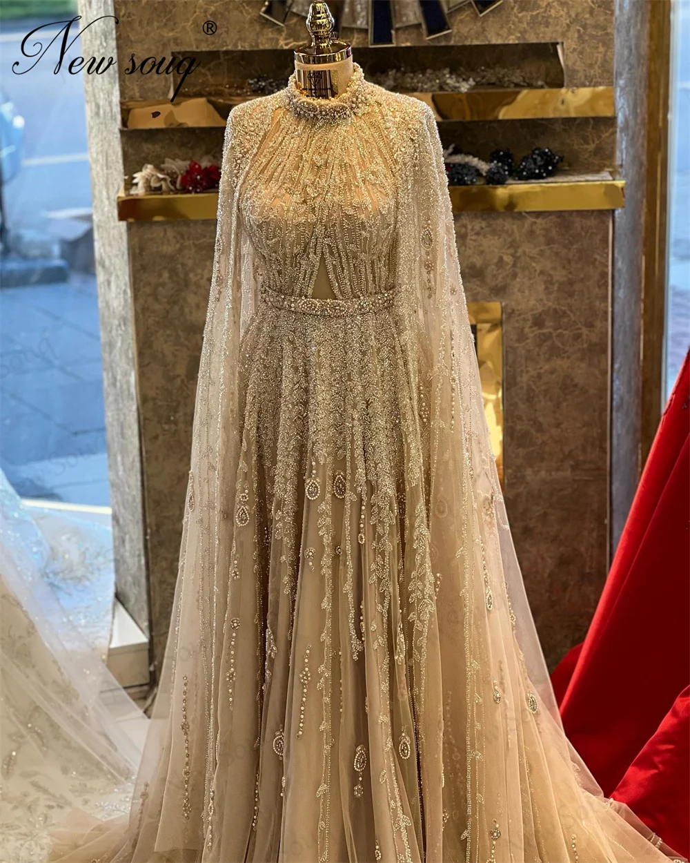 Vestidos de Noche formales árabes, vestidos de fiesta de novia hechos A mano con cuentas de cristales, línea A, vestido de graduación, vestido de compromiso de manga larga, 2024