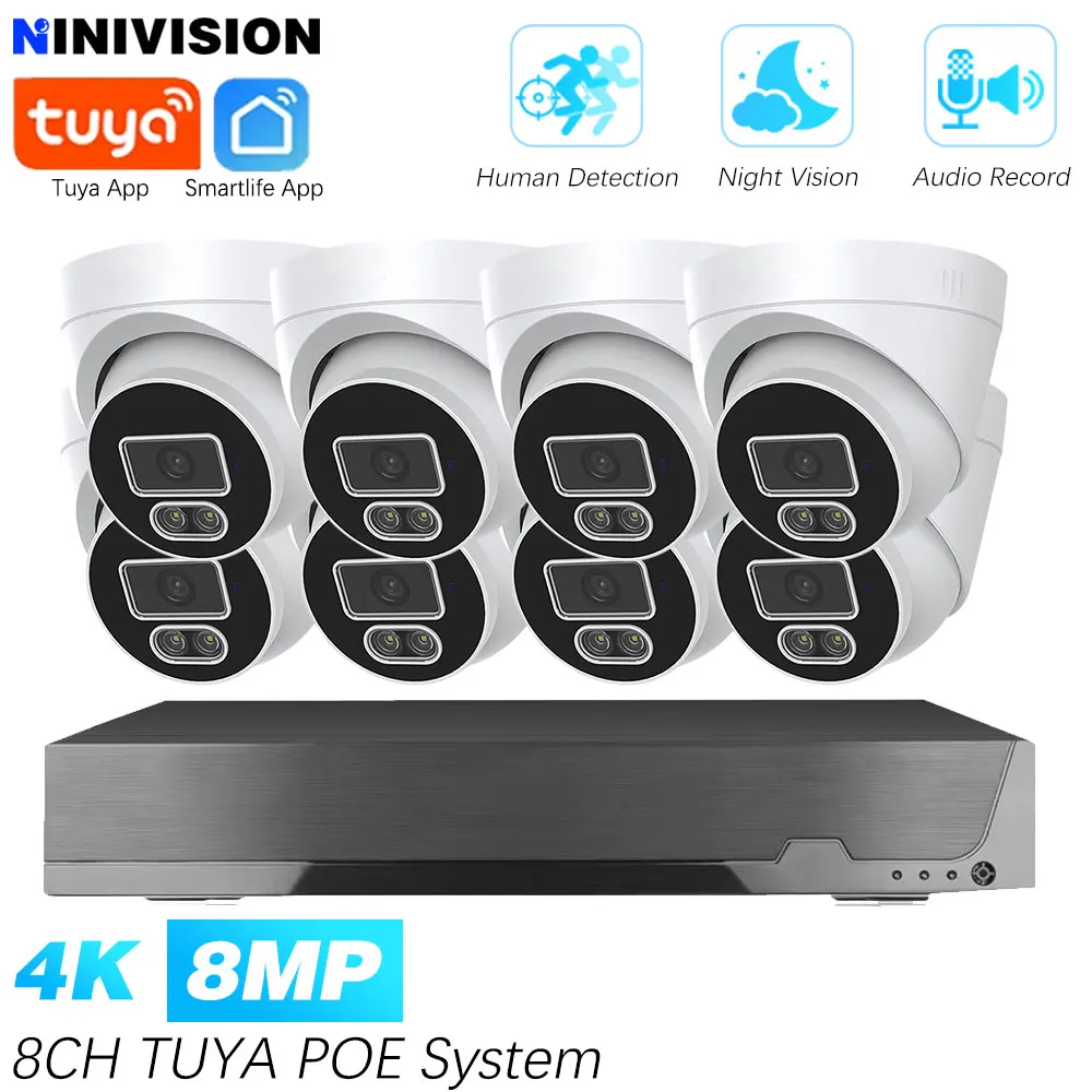 Tuya H.265 8CH 4K POE NVR Kit Human Motion Detection Audio Record Dome Indoor CCTV Security IP Camera Video Surveillance Set