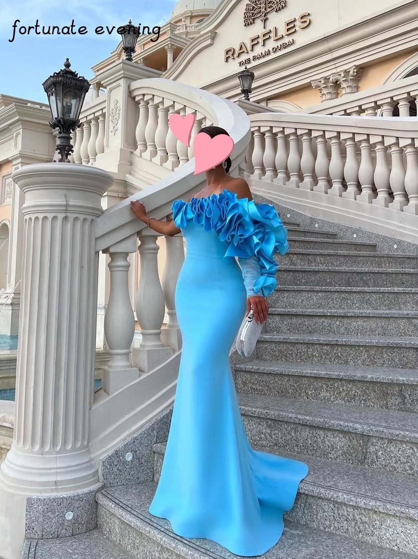 Fortunate Evening Elegant Vintage Sweet Blue Mermaid Ruffle One Shoulder Formal Occasion Prom Dress Evening Party Gowns