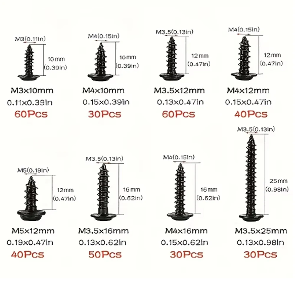 340pcs Self-Tapping Screw Set - M3/M4/M3.5/M5 Sizes, Pan Head Phillips Drive, Black Carbon Steel for Wood Furniture