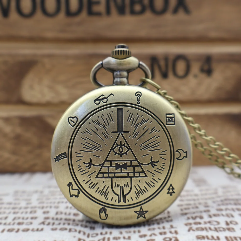 Quirky Vintage Pocket Watch with Triangular One-Eyed Demon Design, Creative Flip-Top Old-Style Chain Watch