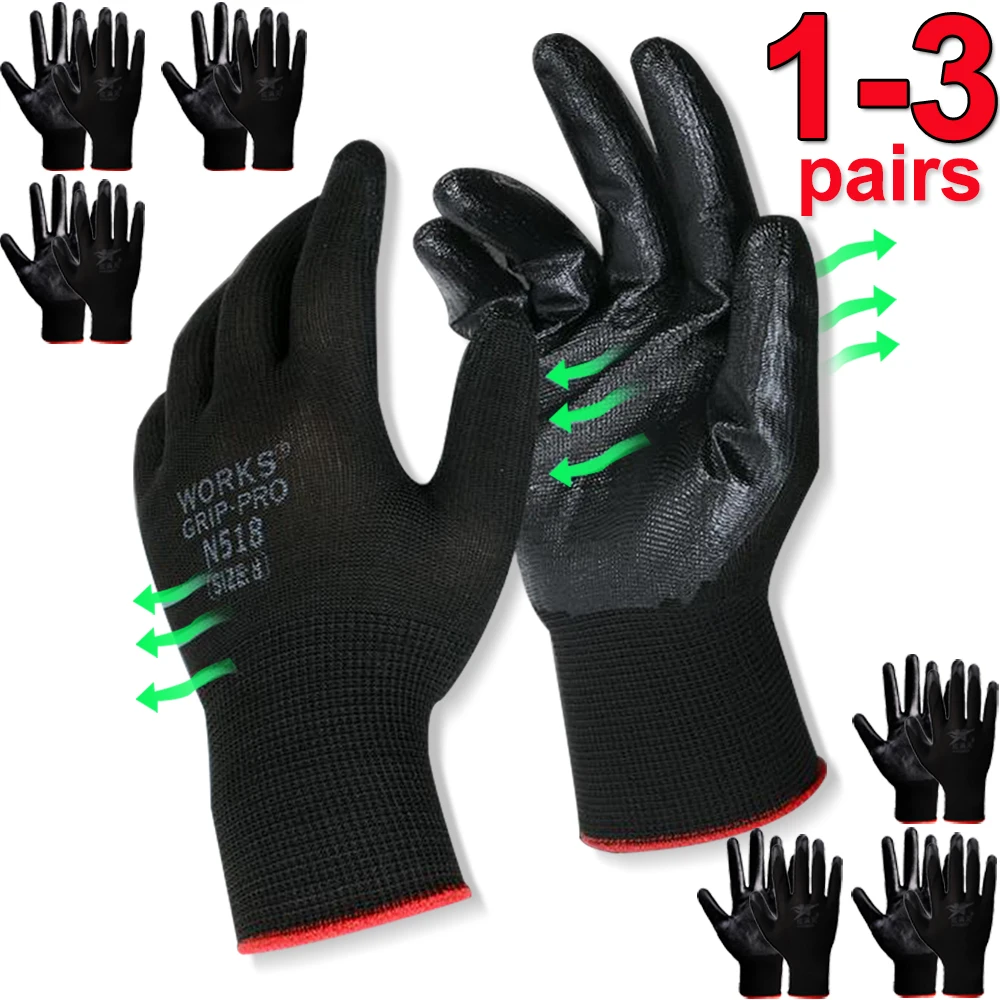 Daily Work Gloves Modern Black Touch Screen Wear-resistant Nitrile Work Gloves Safety Non-slip Carpenter Repairman Tool Mittens