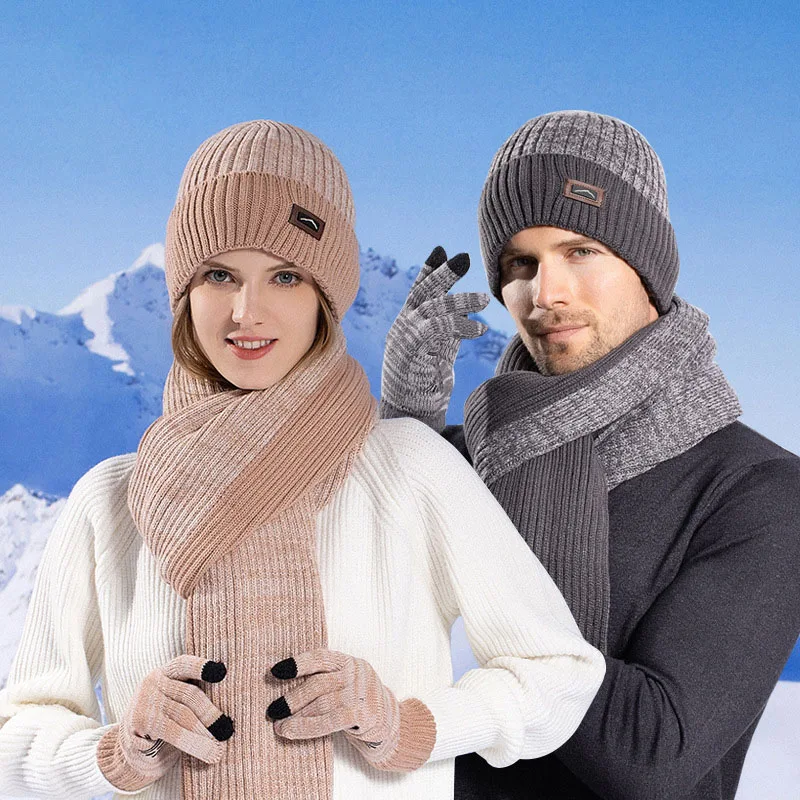 Glove Scarf Three Piece Set Winter Outdoor With Fleece Insulation Ear Protection Knitted Yarn Wool Hat Men Female