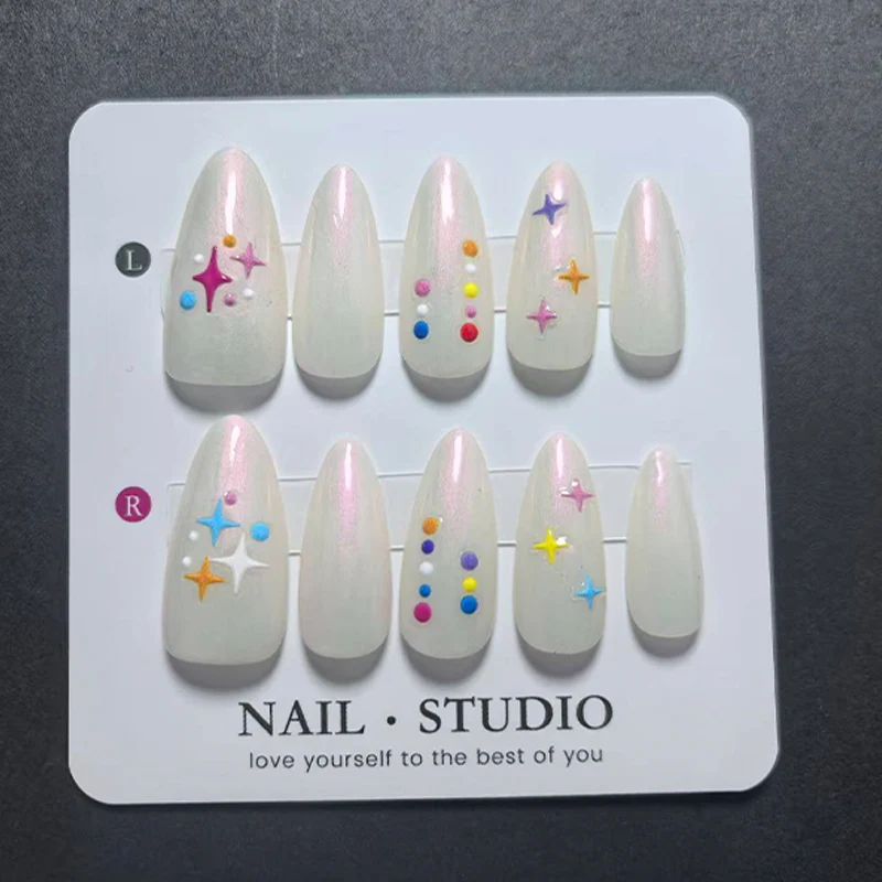 10Pcs Dopamine Press on Nails, Colorful Stars and Polka Dots