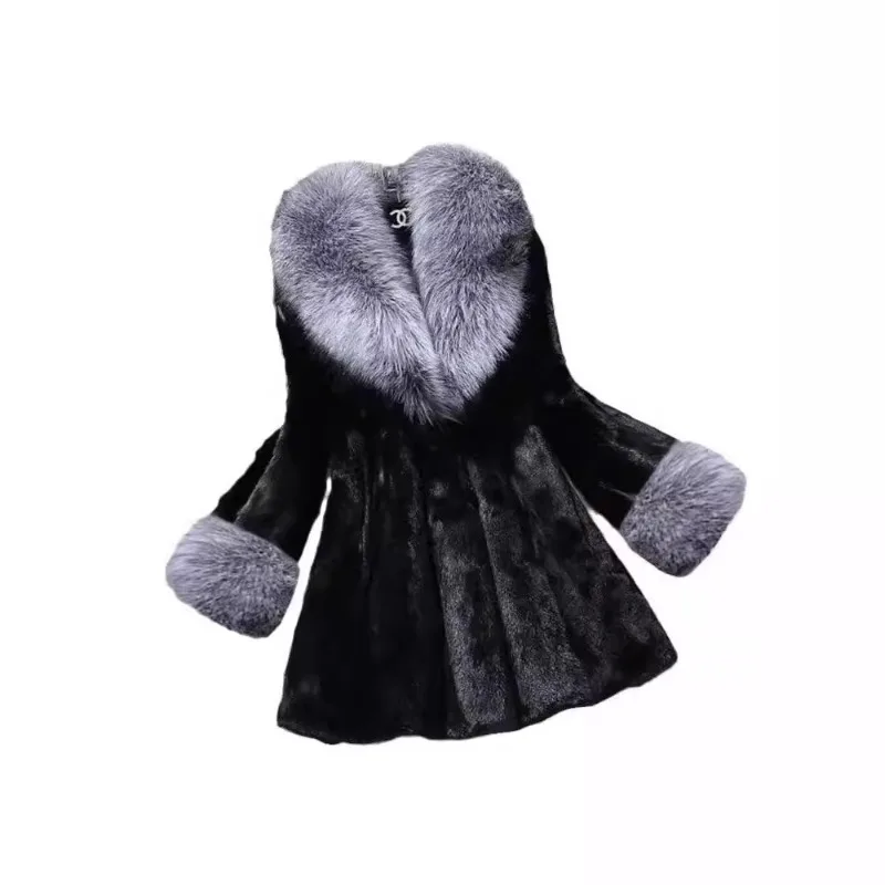 Abrigo de piel sintética de otoño-invierno para mujer de longitud media elegante y adelgazante con un diseño ajustado y abrigo de piel gruesa con cuello de piel para mujer