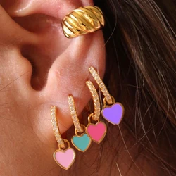 Vintage Enamel CZ Love Heart Huggies Colorful Crystal Dropping Oil Round Circle Gold Plated Hoop Earring for Women Small Jewelry
