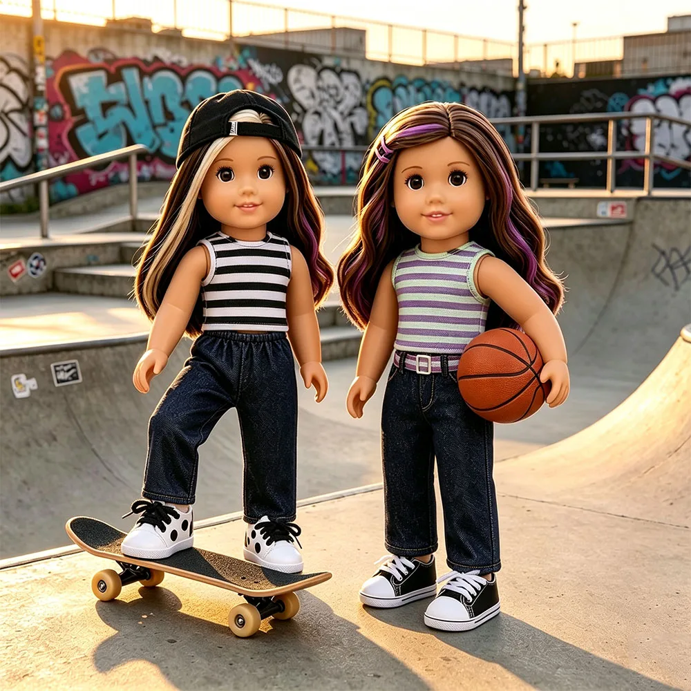 Simple Daily Wear Doll Clothing Bundle Fit for 18 Inch American Doll & 43cm Baby Doll Striped Tank Jeans Sneakers Hair Decor