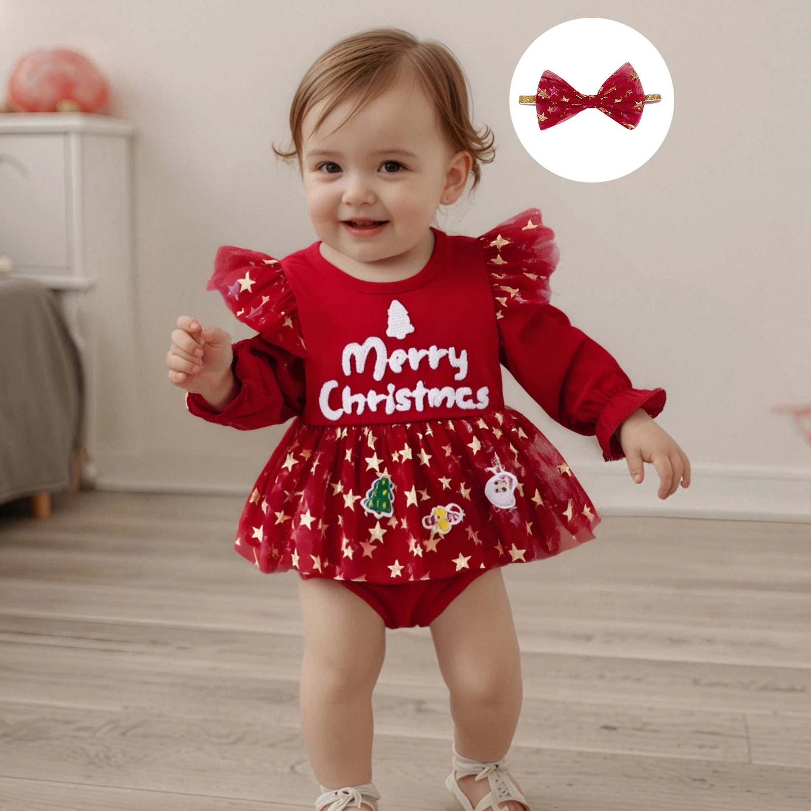 Baby Girls Christmas Outfit Long Sleeve Letters Stars Romper Dress with Headband Xmas Clothing Set