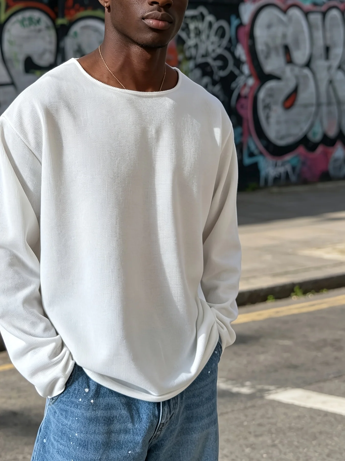 Herren-T-Shirt mit langen Ärmeln, einfarbig, gerippt, locker geschnitten, Oversize, Rundhalsausschnitt, Pullover, lässiger Streetstyle, Basic-Oberteil für Herren – Detail 3