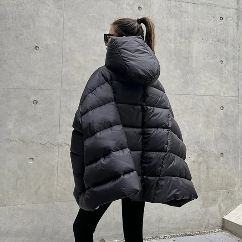 Luxury Women Oversized hooded down jacket fluffy parkas Winter Black Elegant Batwing sleeve puffer coat Ladies INKEO 2O135