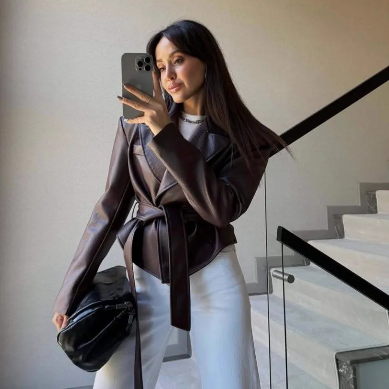 Sli tendance moto cuir Jaet femmes automne hiver nouveauté Cool cravate ceinturée Ele manteau d'extérieur