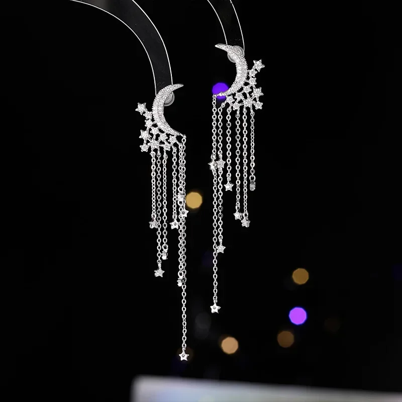 Long Chain Tassel Stars Crecent Moon Earrings for Women Girl Cute Shiny Zircon Jewelry Evening Party Earrings gift Drop Shipping